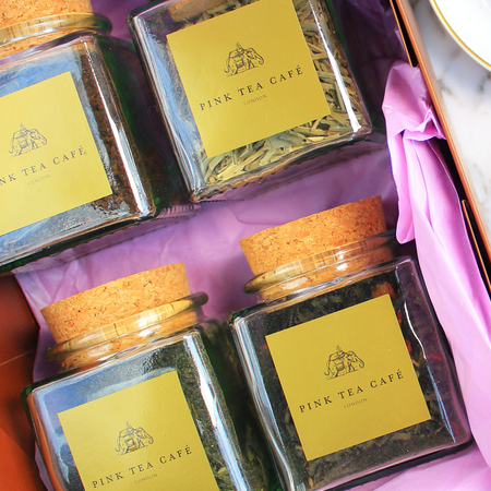 Gift set with four teas, each in a beautiful glass jar