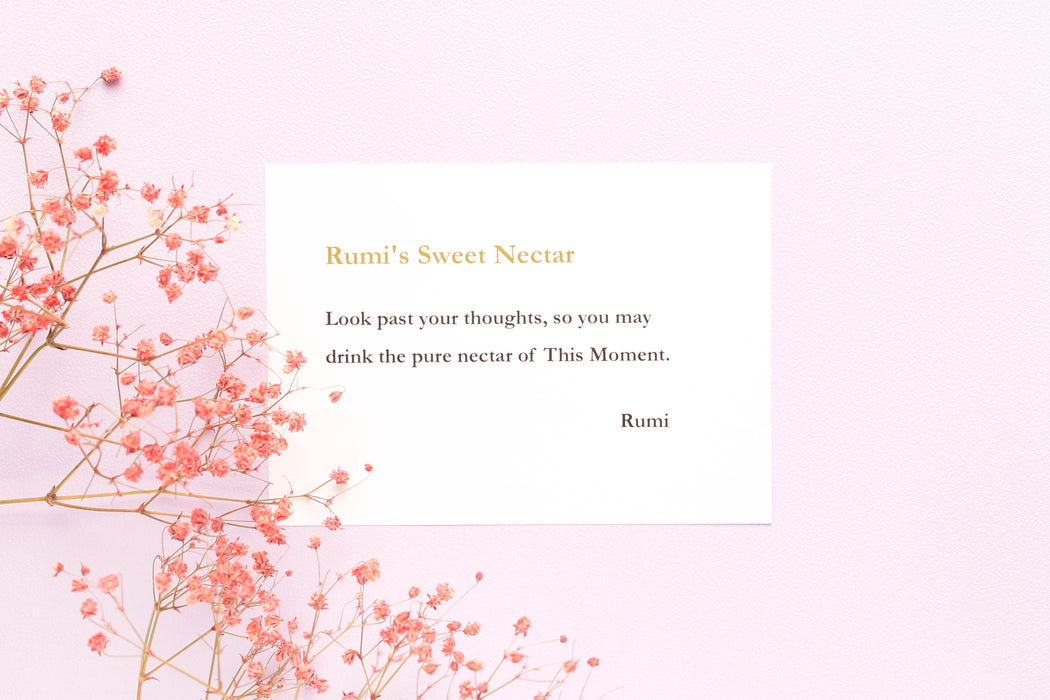 Card with the title 'Rumi's Sweet Nectar' and a poem from Rumi