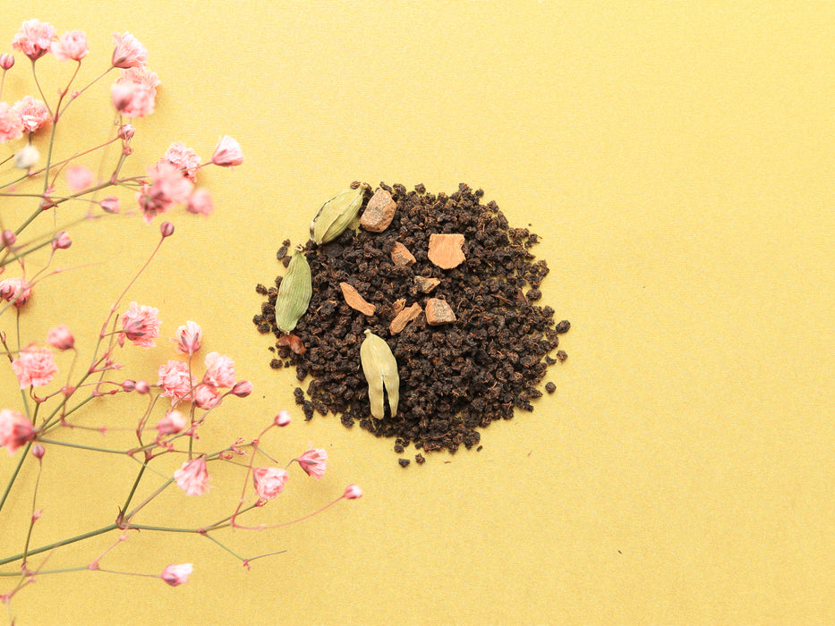 Key ingredients of black assam tea, cardamom, cinnamon and cloves. Sustainably sources and all natural