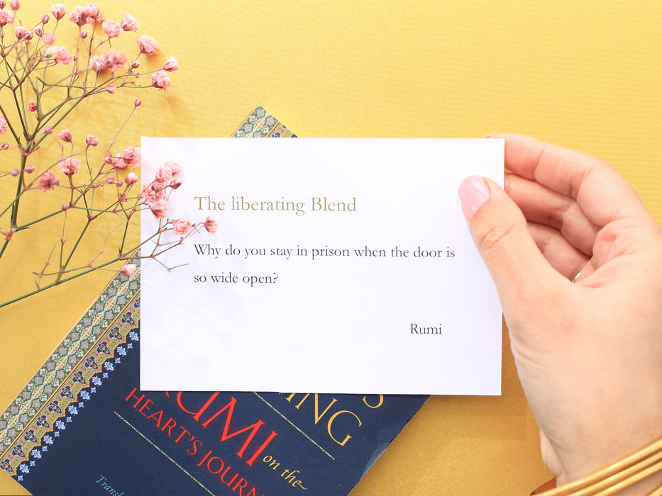 Inspiring card with the title 'The Liberating Blend' with a poem of Rumi