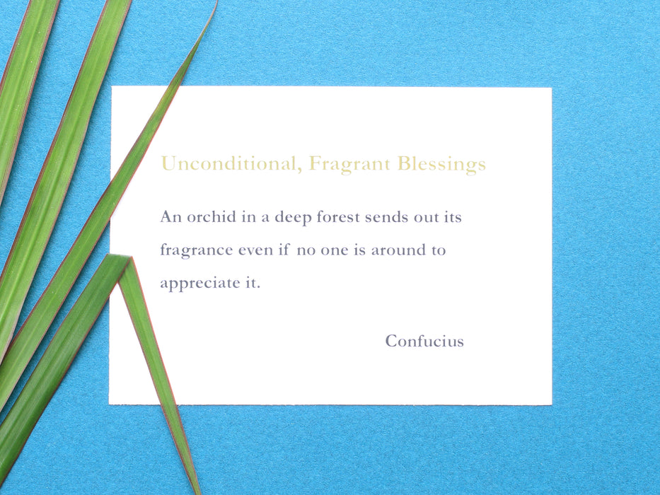 Card with the title 'Unconditional, Fragrant Blessings' and a poem from Confucius