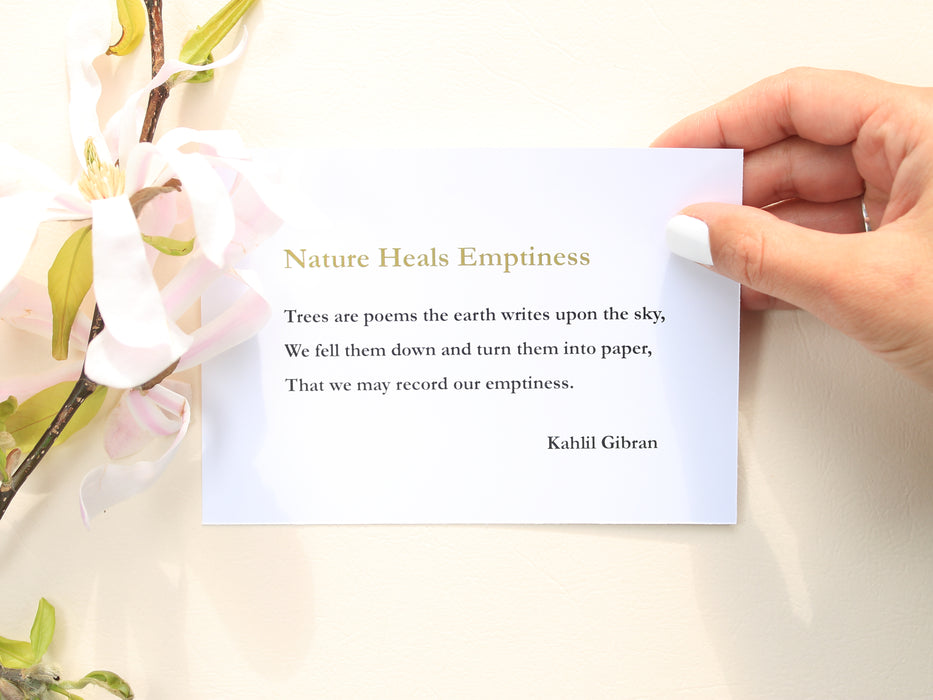 Inspirational card with the title 'Nature Heals Emptiness' with a poem from Khalil Gibran