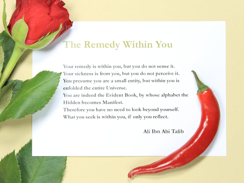 Inspiring card with the title 'The Remedy Within You' and a poem from Ali Ibn Abi Talib