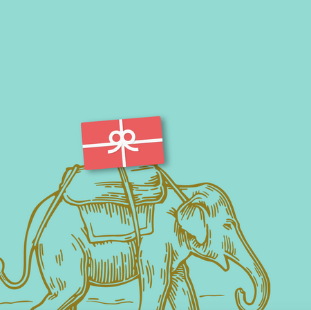 Elephant carrying a gift card on its back